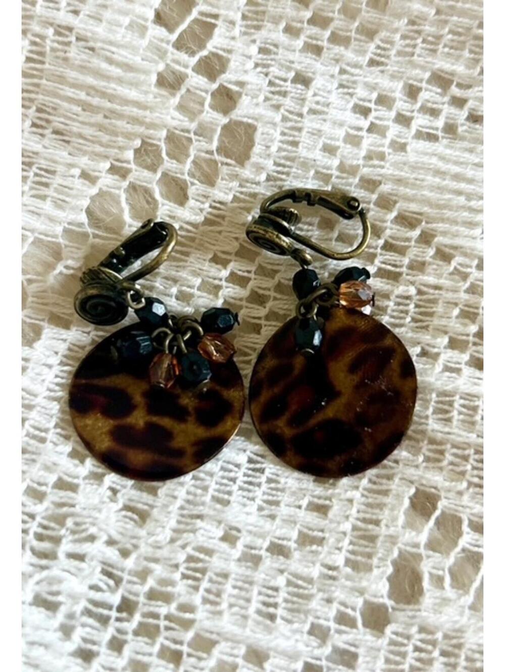 Vintage Clip-On Earrings with Tortoiseshell Discs and Beaded Accents